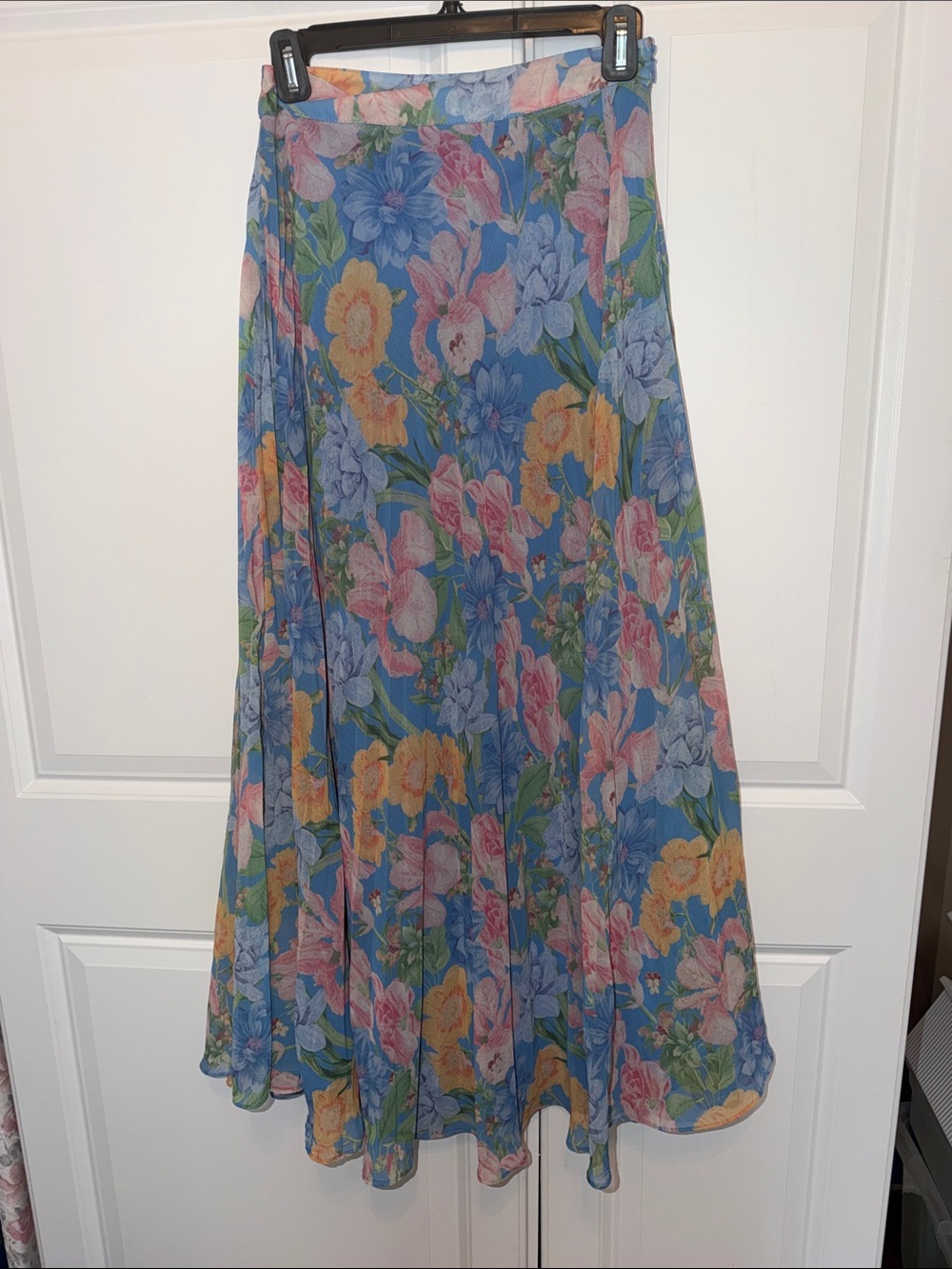 Pleated Floral Blue A-Line Maxi Skirt